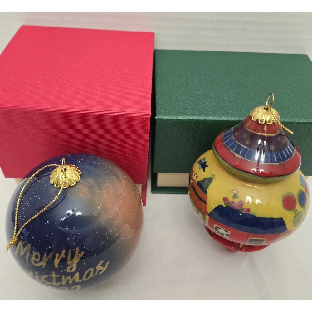 Lot/2 Pier 1 Li Bien Reverse Hand-Painted Glass Christmas Ornaments with Boxes